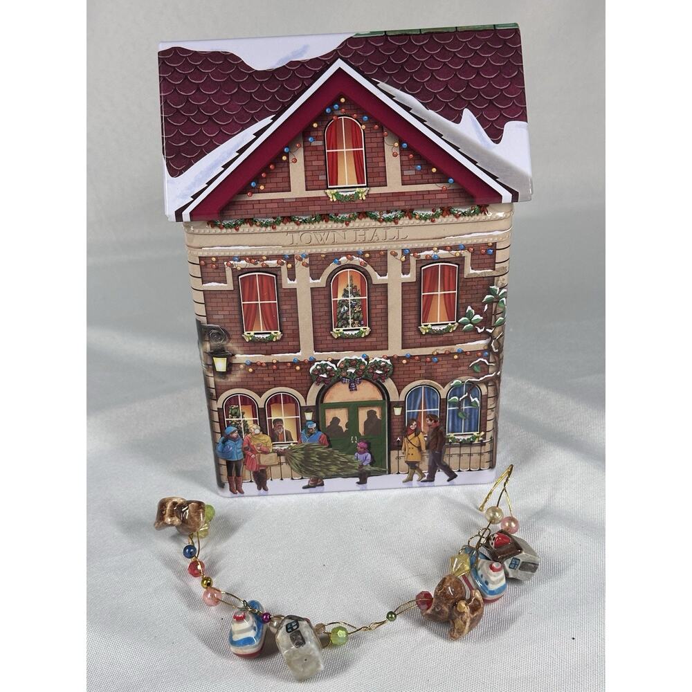Harry London Town Hall Tin Christmas Village Holiday Winter Brick House/Garland
